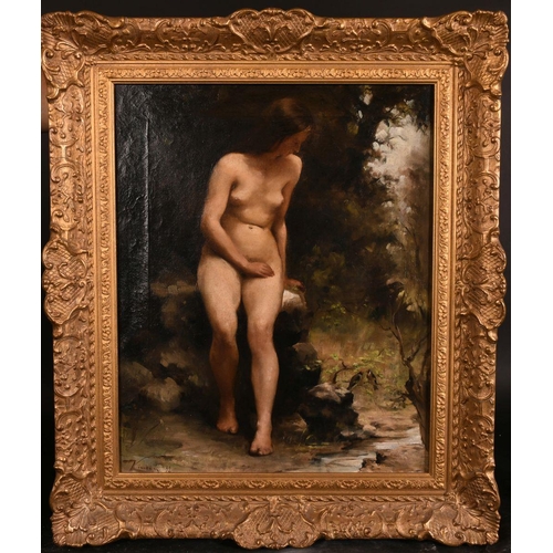 290 - 19th century continental school, A seated female nude by a stream watching a bird, oil on canvas, in... 