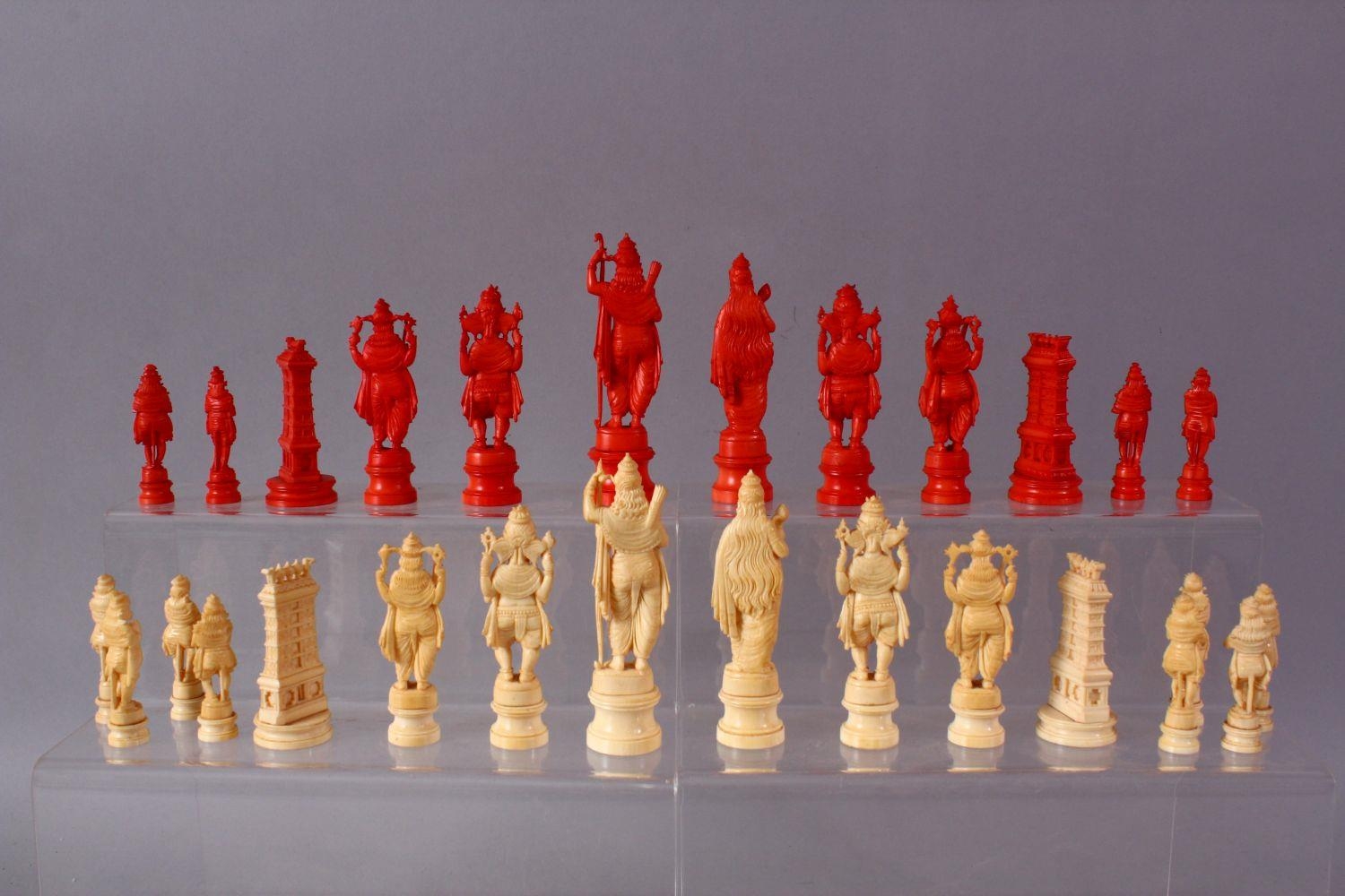 An Early 20th Century Ivory And Stained Ivory Indian Chess Set Carved