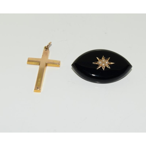 94 - Gold, Seed Peal mourning and gold cross brooch.(NI005)