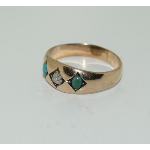 128 - Gold Turquoise and Diamond Ring, Size O. (NI019)