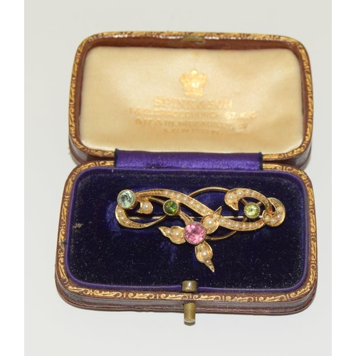 213 - 15ct Gold Pearl Emerald Sapphire Suffragette Brooch, Boxed.