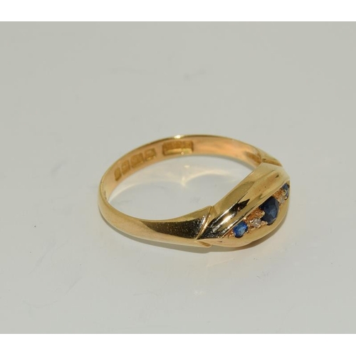 196 - Ladies Diamond and Sapphire Approx 1912 Fully Hallmarked 18Ct Gold Ring.