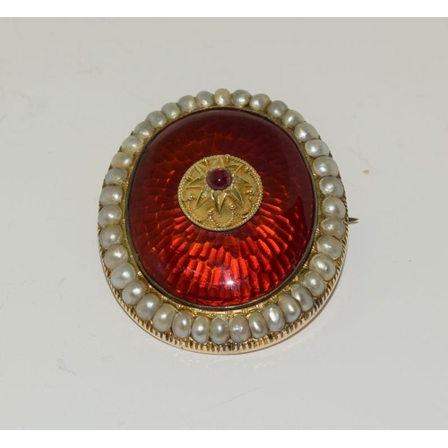 219 - Georgian Yellow Metal Enamel Brooch set with Pearls and a central Garnet.