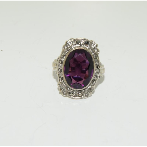 68 - Art Deco Silver, Amethyst & Marcasite Ring, Size K.