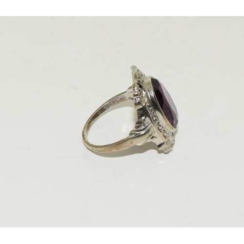 68 - Art Deco Silver, Amethyst & Marcasite Ring, Size K.