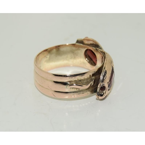 214 - Victorian 9ct Rose Gold Garnet Snake Ring, Size M