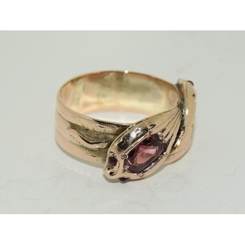 214 - Victorian 9ct Rose Gold Garnet Snake Ring, Size M