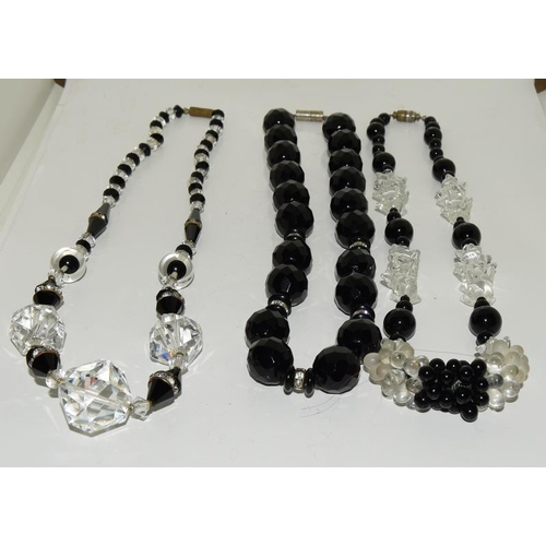 61 - 3 Art Deco French jet/crystal necklaces.