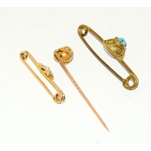 202 - A Gold Turquoise Brooch together with a Gold Pearl Brooch and a Gold Stick Pin.