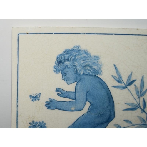 81 - Minton Art Pottery Studio blue & white tile of a child chasing a butterfly c1871-1875, 6