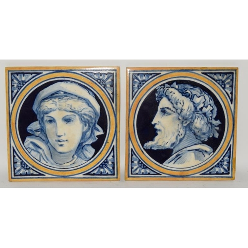 84 - W. B. Simpson & Sons pair of Allegorical Style tiles depicting a Man & Woman c1870s, 6