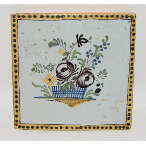 86 - French (Northern France) early polychrome tile depicting a basket of flowers c1800s, 4.6