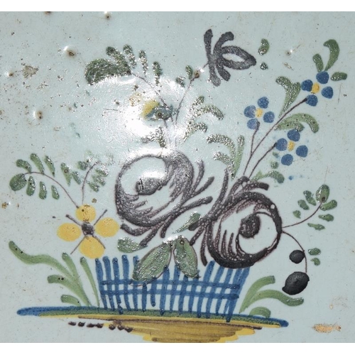 86 - French (Northern France) early polychrome tile depicting a basket of flowers c1800s, 4.6