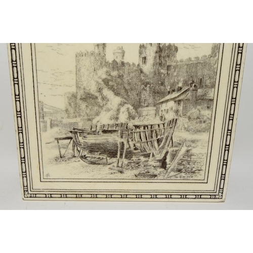 127 - Mintons three large tiles L. T. Swetnam depicting landscapes, Conway Castle, Townscape with Church, ... 