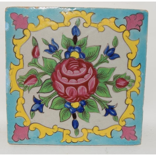 285 - Late 19th/early 20th C Persian hand painted coloured tile, 7.6