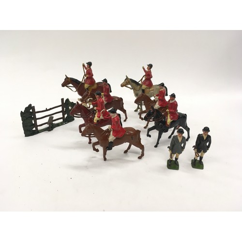 348 - 5 Britains and 2 others riders on horseback and two figures. Generally Good condition.