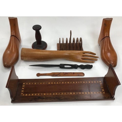 3 - Vintage Treen items including an inlaid book rest, vintage shoe inners, a glove support and other it... 