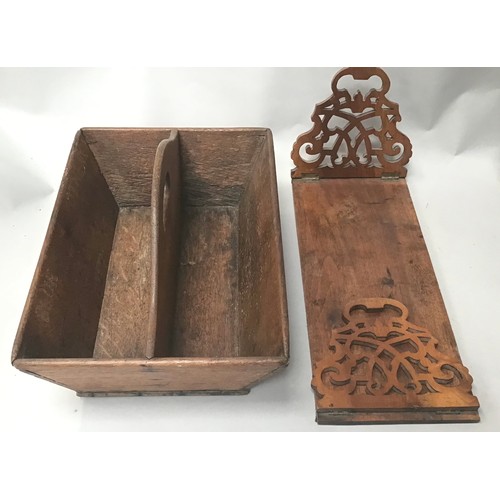 31 - Wooden carrying box together a wooden book rack and a brass book slide together a small foot stool