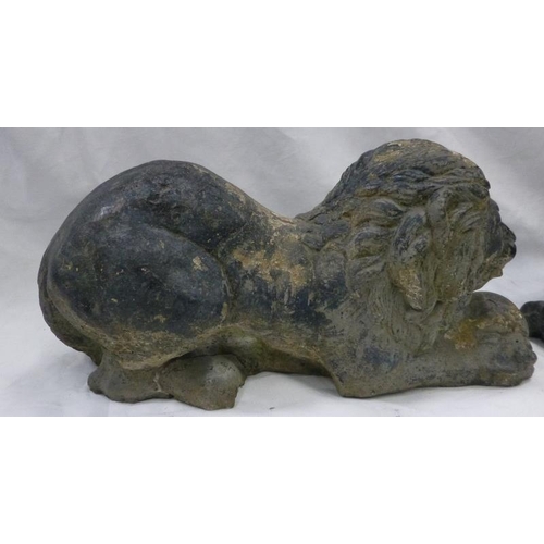 45 - Vintage garden statuary. Pair of large recumbent composite lions approx 21