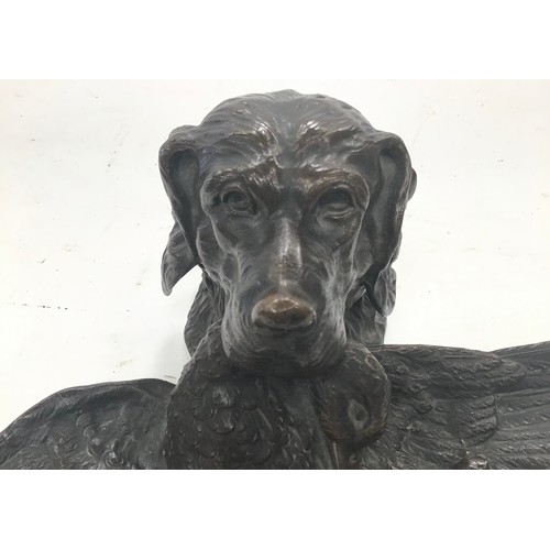 32 - Bronze inkwell depicting a retriever dog together a wooden letter rack depicting a retriever dog