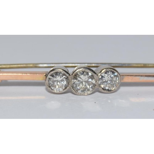 54 - 9ct Edwardian 3 stone diamond bar brooch - 0.7cts.