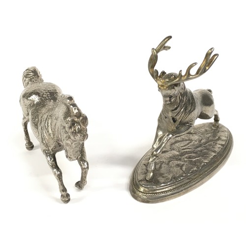 7 - Silver plate sculpture of a charging stag together a prancing horse