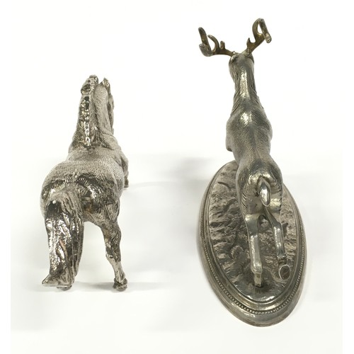 7 - Silver plate sculpture of a charging stag together a prancing horse