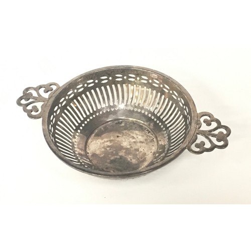 14 - Sterling silver condiment set boxed together a pierced small silver twin handled bowl