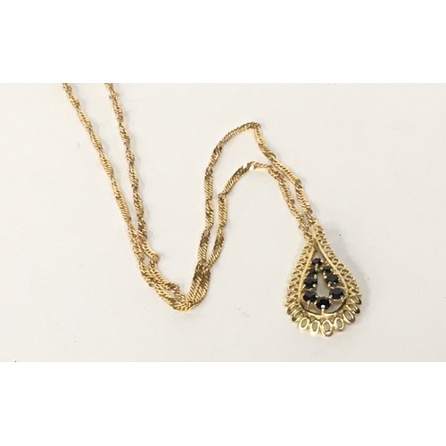 71 - 9ct gold and sapphire pedant necklace on a 9ct gold chain 5.85gm