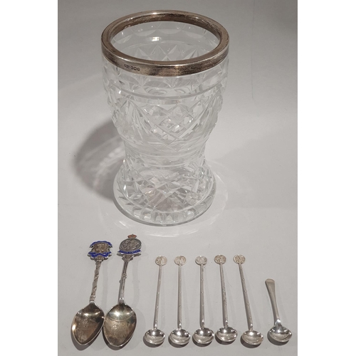 19 - Collection of eight small silver spoons together with a silver rimmed crystal glass vase.