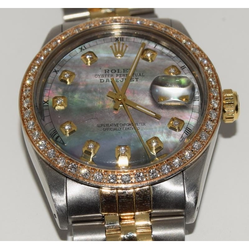 8 - Rolex datejust diamond bezel and dial, mother of pearl dial, Bi-Metal wrist watch. (ref 106)