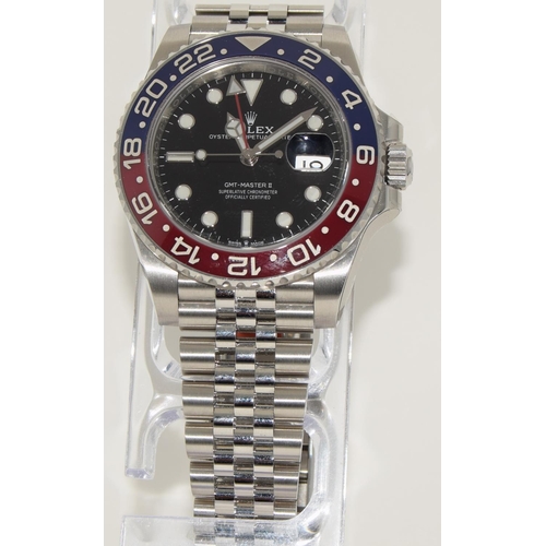 27 - Rolex GMT Pepsi, model 126710BLRO, boxed and papers, unworn with stickers. (ref 33)