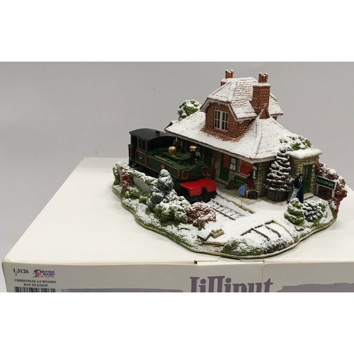 16 - Lilliput Lane illuminated snowed models x 2 to include L2794 Bluebell Line and L3126 Christmas AT Wo... 