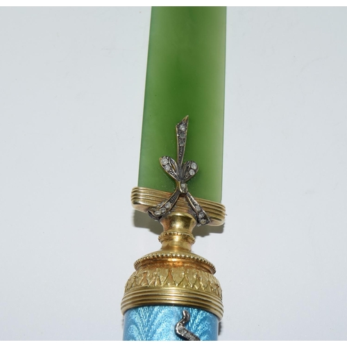 52 - Faberge style presentation jade and diamond letter opener with enamel decoration,  box marked with t... 