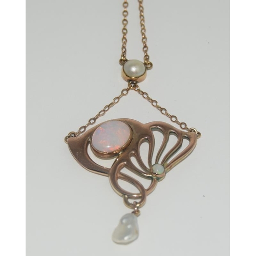 1074 - Barnet Henry Joseph gold opal and pearl Art Nouveau pendant. Marked 9ct gold and BHJ item boxed