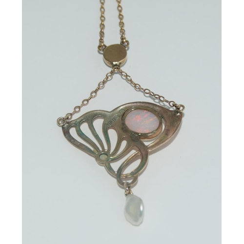 1074 - Barnet Henry Joseph gold opal and pearl Art Nouveau pendant. Marked 9ct gold and BHJ item boxed