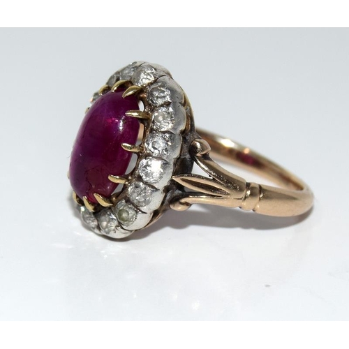 1078 - Ladies antique set Cabochon Ruby and diamond cluster ring, ruby approx 3ct diamond approx 0.75ct
