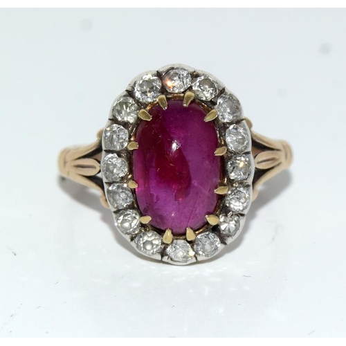 1078 - Ladies antique set Cabochon Ruby and diamond cluster ring, ruby approx 3ct diamond approx 0.75ct