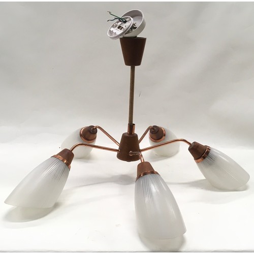 170 - Mid 20th Century 1960s teak and brass five branch pendant light fixture with frosted glass shades.