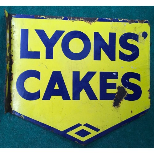 13 - Original vintage double sided enamel sign advertising Lyons Cakes. O/all size 15.5