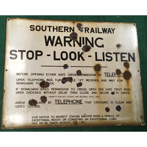 16 - Original vintage enamel sign for Southern Railway 'Warning-Stop-Look-Listen'. Size 29
