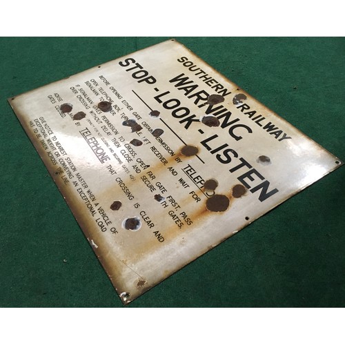 16 - Original vintage enamel sign for Southern Railway 'Warning-Stop-Look-Listen'. Size 29