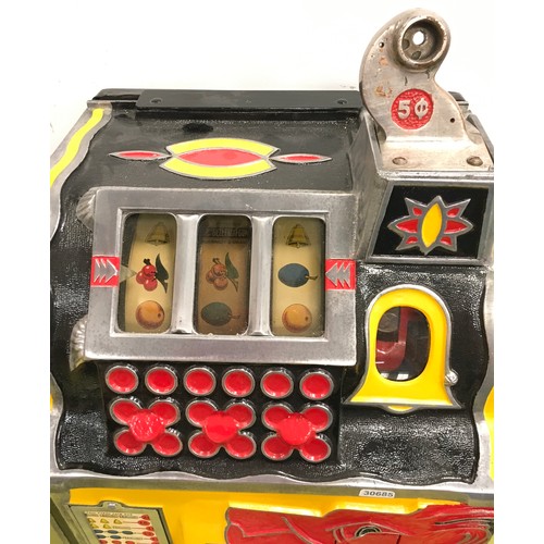 20 - Mills Wolfs/Lions head coin operated slot machine, working on 5 cents with keys etc.