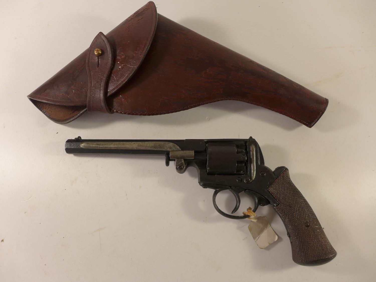 A REPLICA NON FIRING PERCUSSION CAP ADAMS REVOLVER, 17CM AND A LEATHER ...