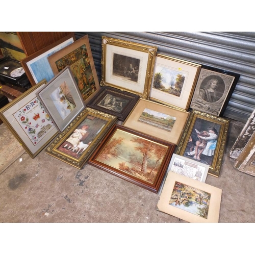 24 - A COLLECTION OF ASSORTED PICTURES AND PRINTS TO INCLUDE ANTIQUE ENGRAVINGS, WATERCOLOURS, RIVER SCEN... 