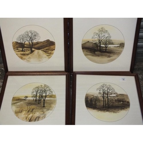 25 - A SET OF FOUR FRAMED AND GLAZED CIRCULAR PRINTS OF COUNTRY LANDSCAPES, TOGETHER WITH TWO OTHER PRINT... 