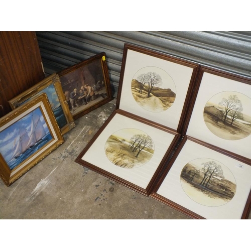 25 - A SET OF FOUR FRAMED AND GLAZED CIRCULAR PRINTS OF COUNTRY LANDSCAPES, TOGETHER WITH TWO OTHER PRINT... 