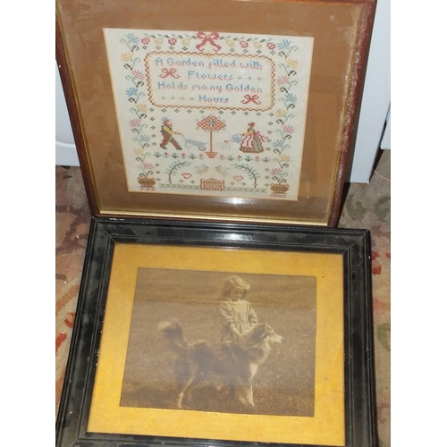 45 - A QUANTITY OF ASSORTED PICTURES AND PRINTS TO INCLUDE VINTAGE NEEDLEWORKS, WATERCOLOURS ETC.