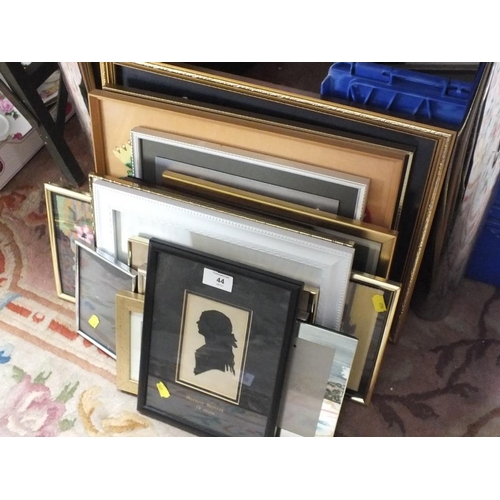 44 - A COLLECTION OF ASSORTED PICTURES AND FRAMES TO INCLUDE WOOLWORKS, SMALL SILHOUETTE ETC.