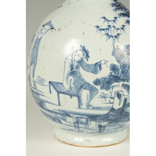 37 - AN 18TH CENTURY BLUE AND WHITE DELFT BOTTLE VASE with continuous oriental landscape scene depicting ... 